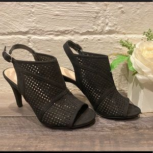 Black suede sling-back open toe heels